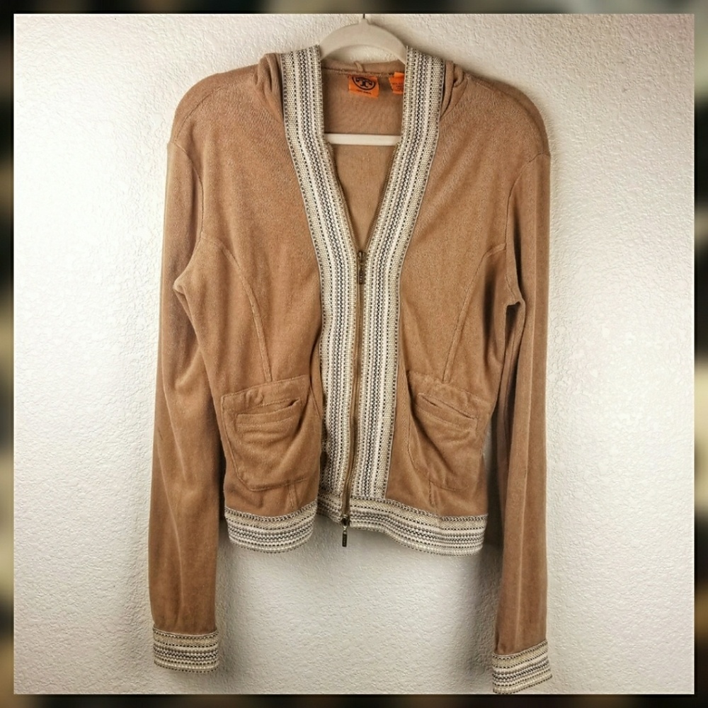 Tory Burch Tan Terry Cloth Zip Up Hoodie Size L
